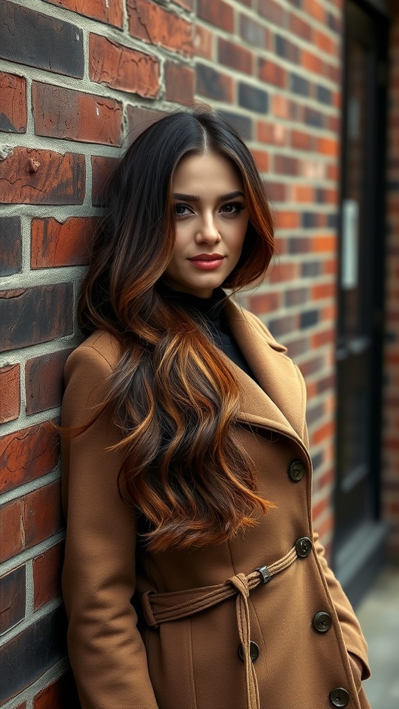 A woman with chocolate brown hair featuring cinnamon highlights, wearing a stylish coat, leaning against a brick wall.