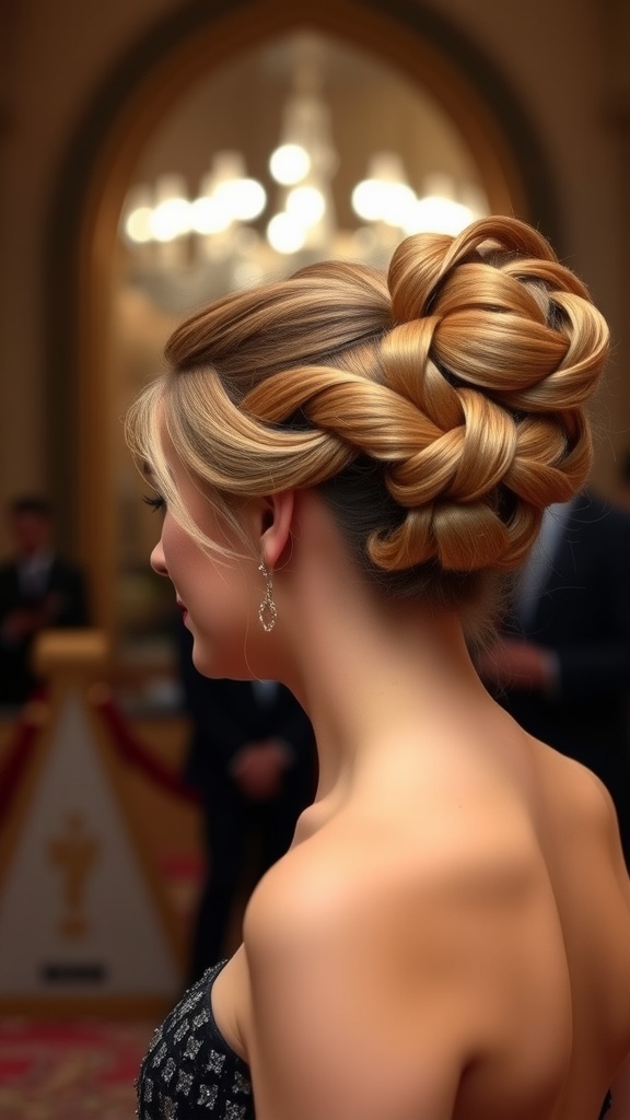 A woman showing a classic chignon hairstyle with twists, wearing elegant attire.