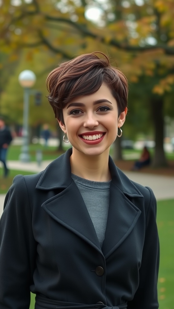 A woman with a classic curly pixie hairstyle and bangs, wearing a stylish coat, smiling outdoors.
