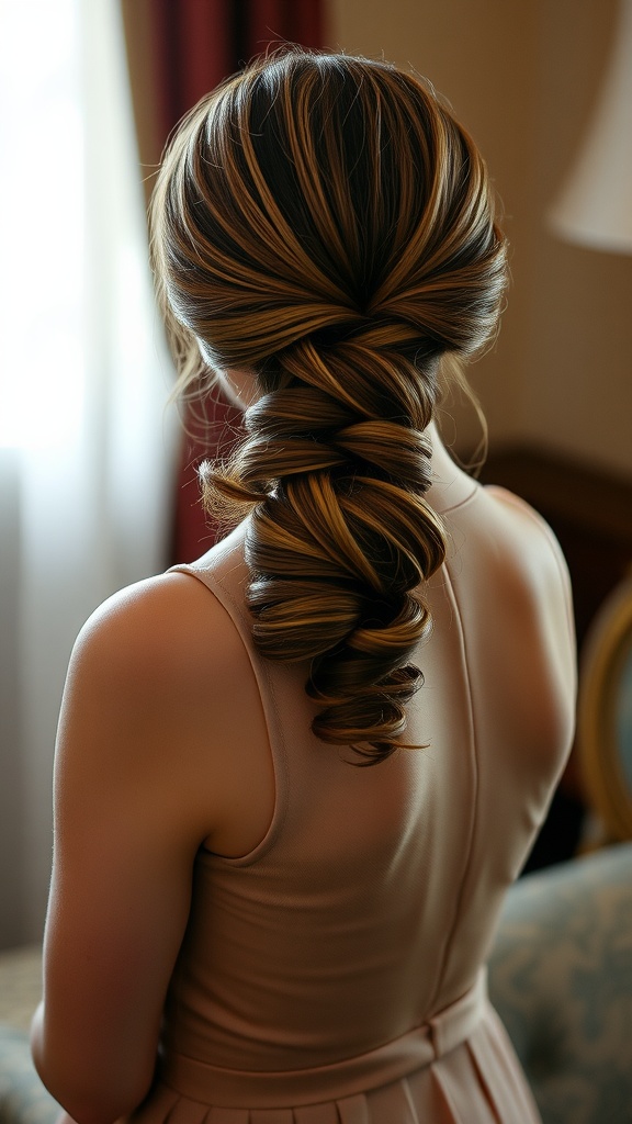 A woman with long hair styled in a classic low twist, showcasing a sophisticated hairdo.