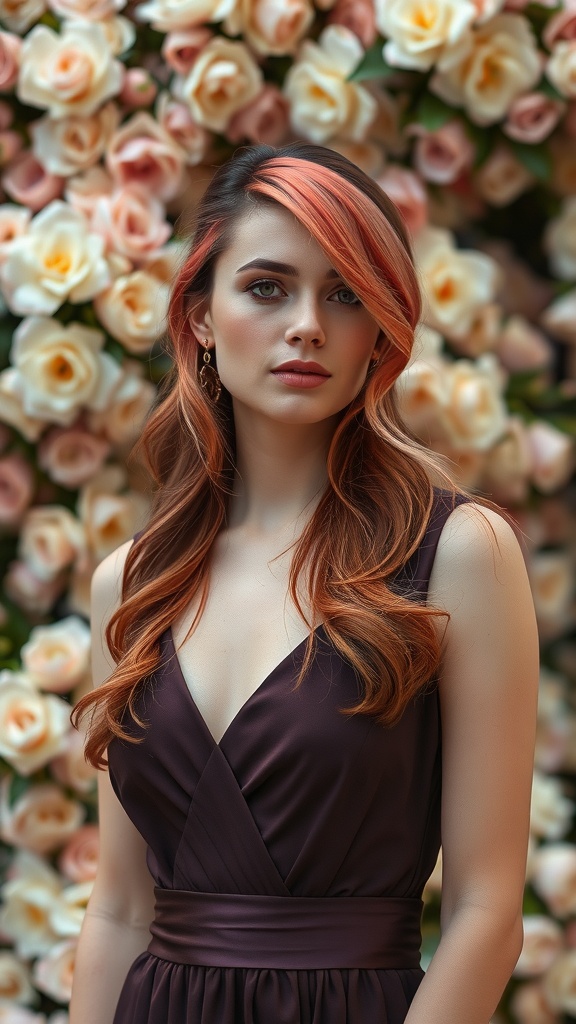 A woman with coral pink highlights in her hair, standing in front of a backdrop of soft pink roses.