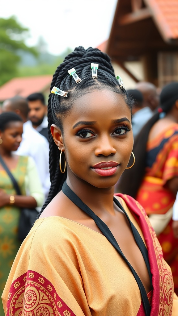 A young woman with a cornrow updo decorated with colorful clips, wearing a stylish outfit.