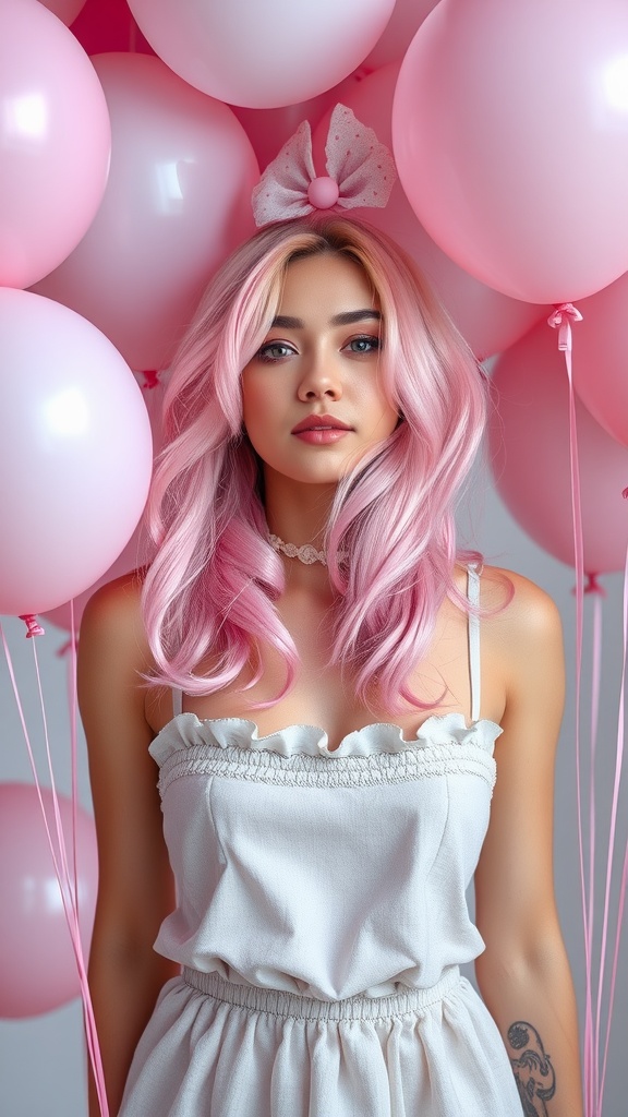 A woman with cotton candy pink layered hair surrounded by pink balloons, wearing a white outfit.