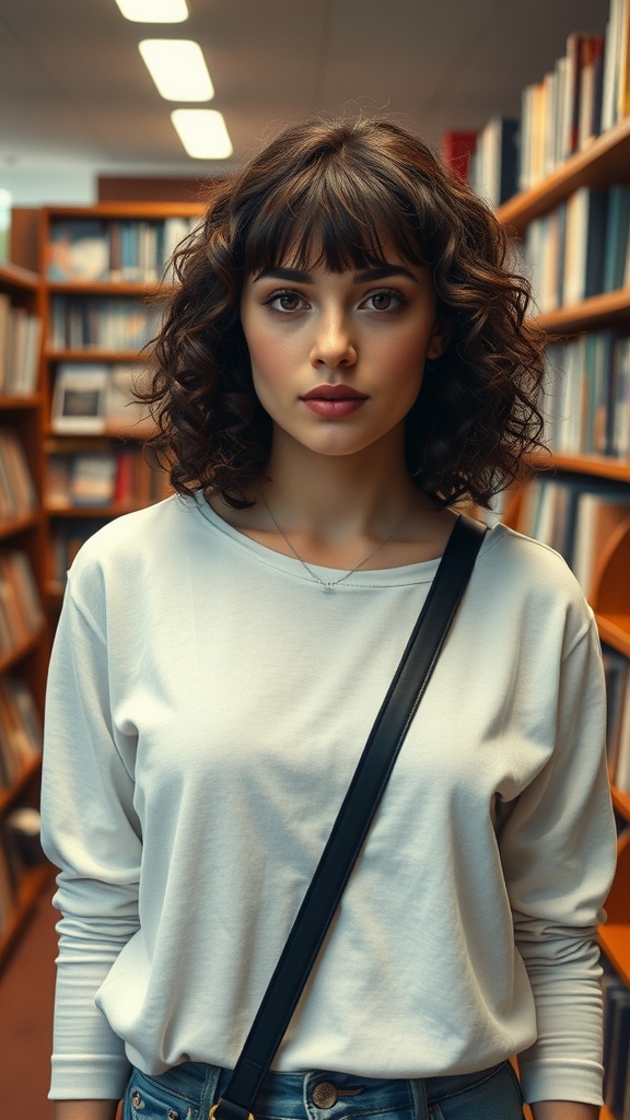 A woman with shoulder-length curly hair and bangs, wearing a casual outfit, standing in a library.