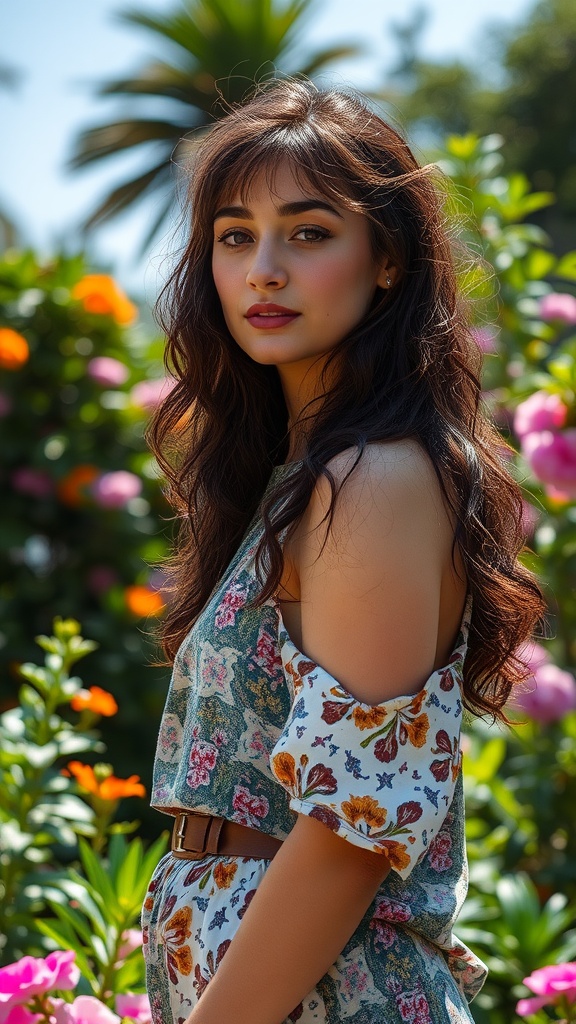 A woman with curly fringe and textured waves, wearing a floral top in a vibrant garden setting.