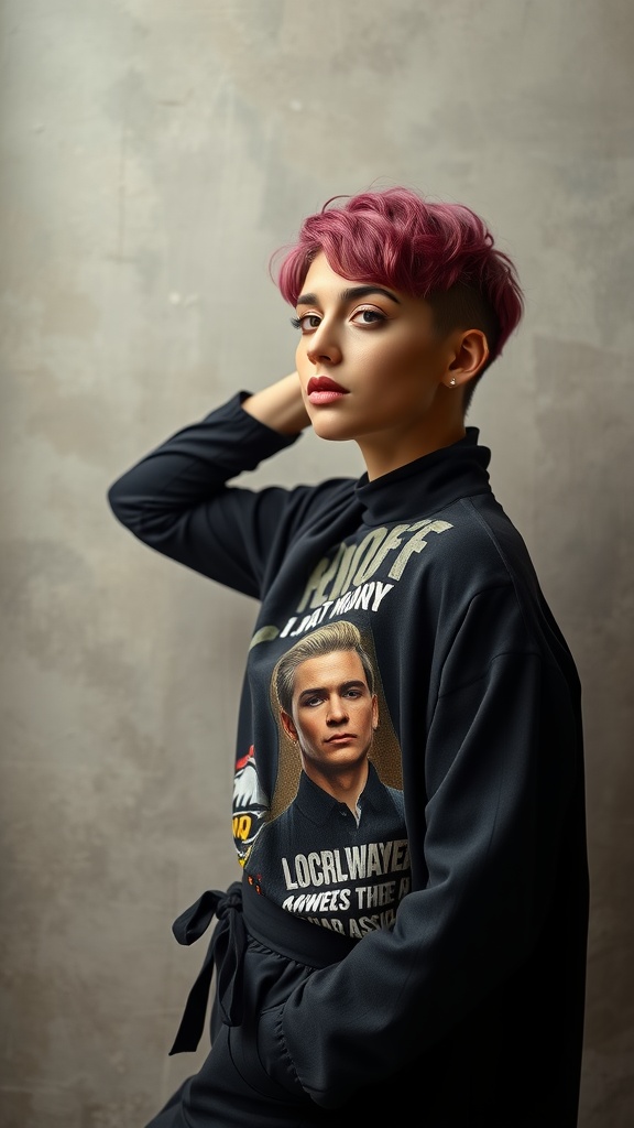 A woman with a curly pixie haircut in a bold color, wearing stylish clothing and posing confidently.