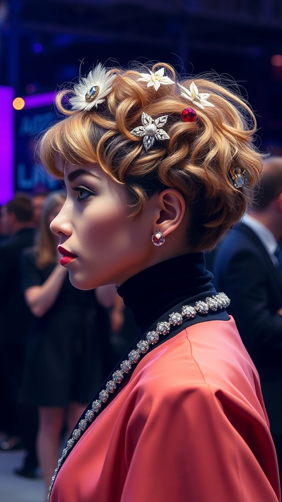 A woman with a curly pixie haircut adorned with statement accessories, showcasing a stylish look.