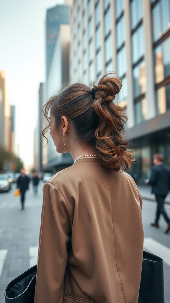 A woman with a curly ponytail and loose strands, wearing a stylish outfit, walking in a city environment.