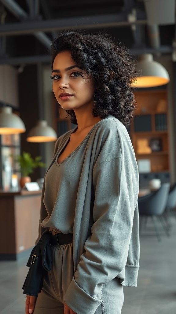 A woman with defined curly hair styled with a side part, wearing a grey outfit.