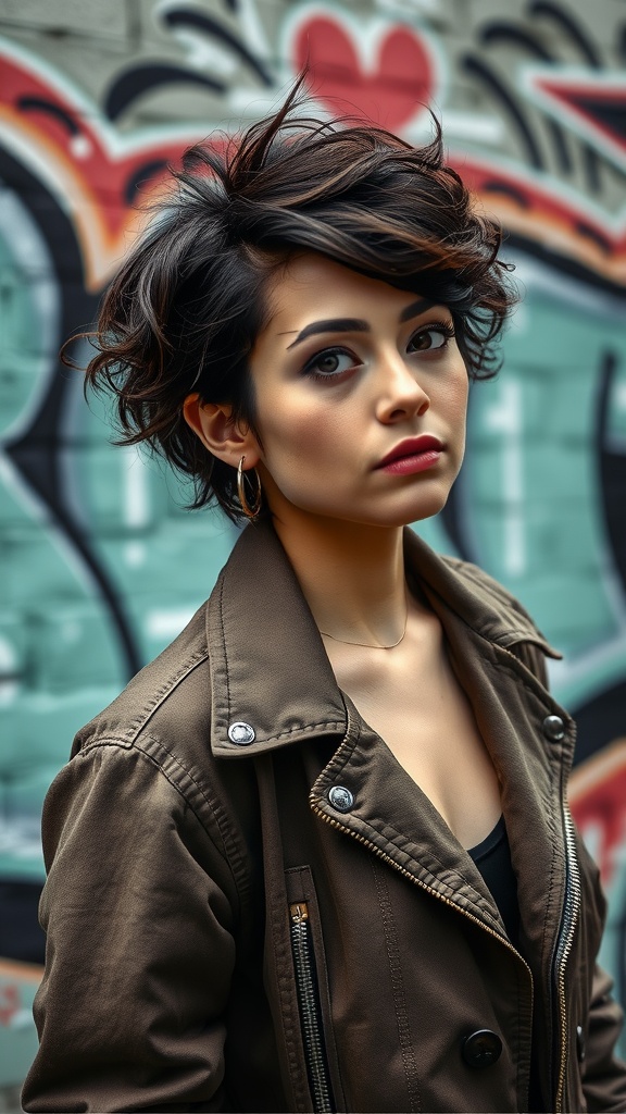 A woman with an asymmetrical curly pixie haircut wearing a brown jacket and posing confidently against a colorful graffiti backdrop.