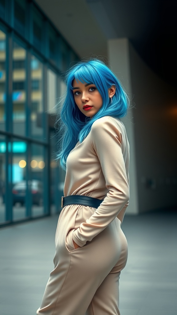 A woman with electric blue hair highlights styled in a modern outfit.
