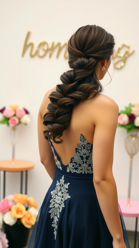 A woman with a stylish low bun adorned with twists, showcasing elegance for homecoming.