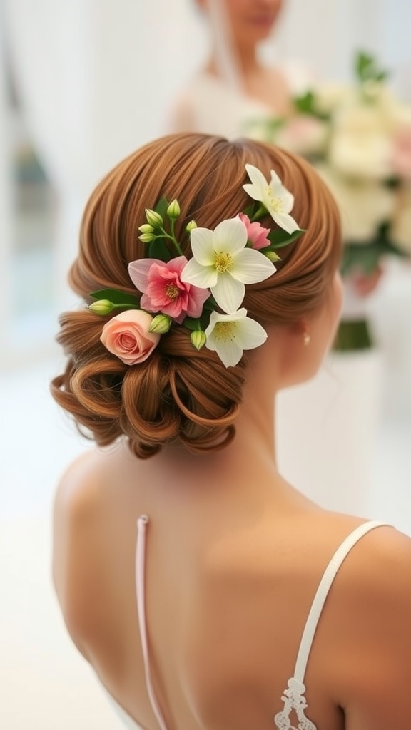Elegant low chignon hairstyle adorned with flowers.