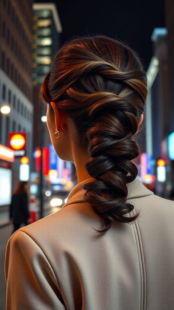 A woman with a twisted ponytail, wearing a stylish outfit, on a city street at night.