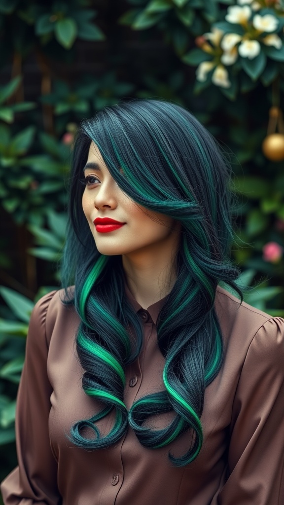 A woman with dark hair featuring emerald green peekaboo accents, wearing a brown blouse, surrounded by greenery.