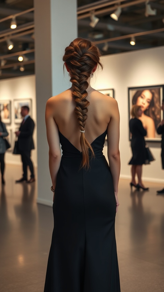 A woman with a fishtail braid updo wearing a black dress, seen from the back in an art gallery.