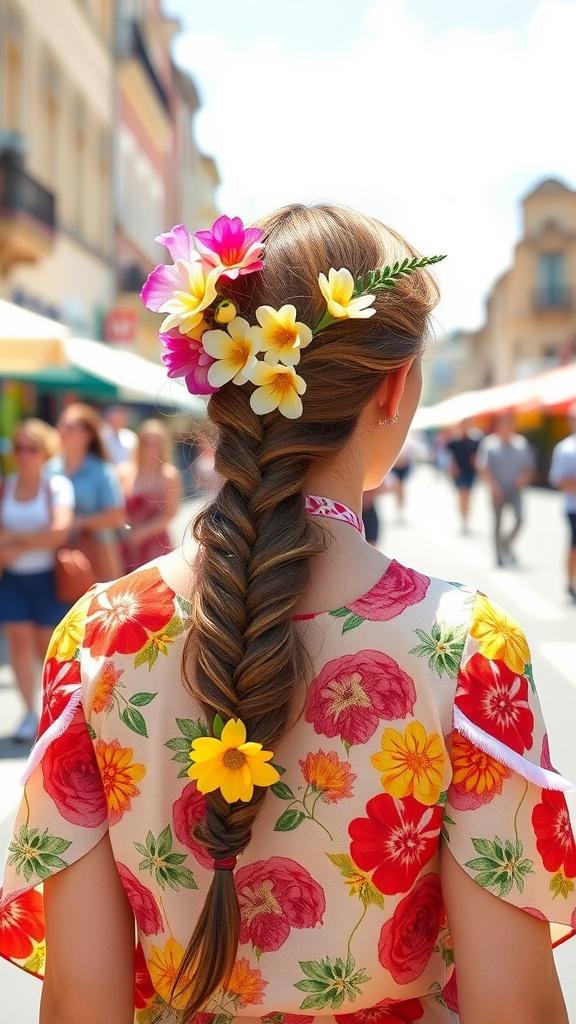 A woman with a fishtail braid adorned with colorful flowers, dressed in a floral-patterned outfit.