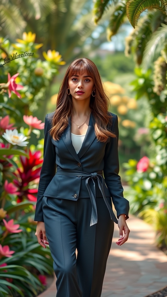 A woman in a stylish outfit featuring fringe brown sugar hair, walking through a garden