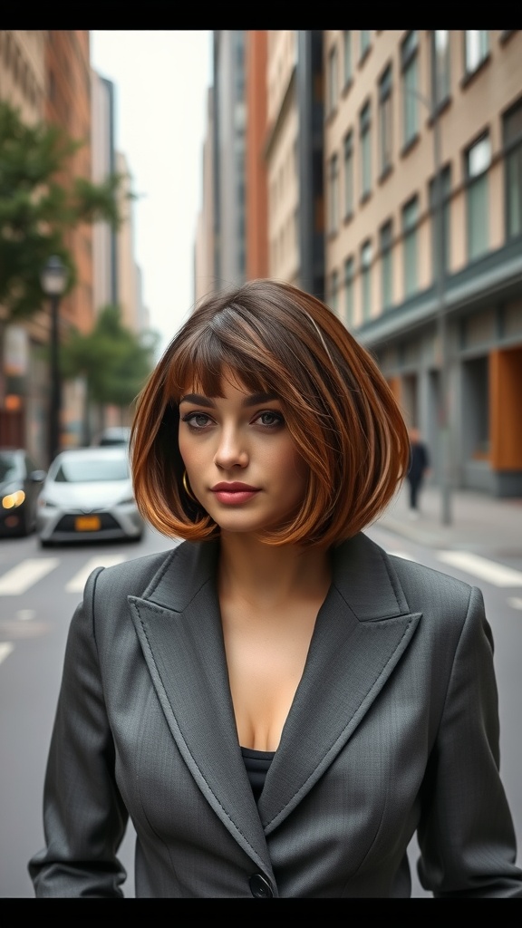 A woman with a glossy brown sugar bob hairstyle, wearing a grey blazer, standing on a city street.