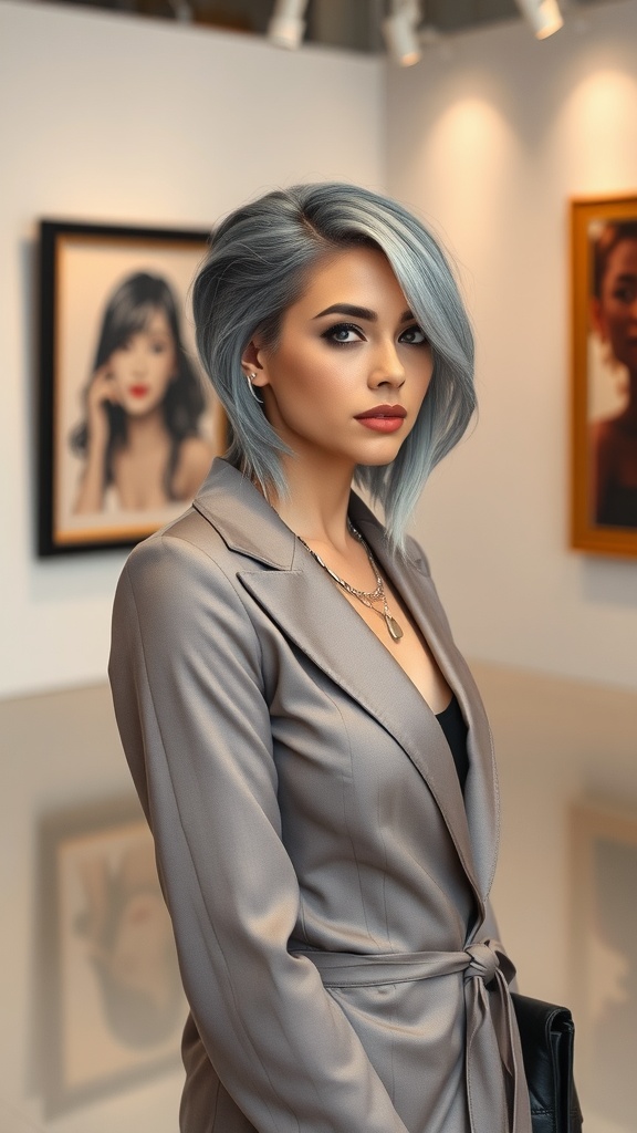 A woman with graphite gray hair and silver accents, wearing a stylish outfit in an art gallery.