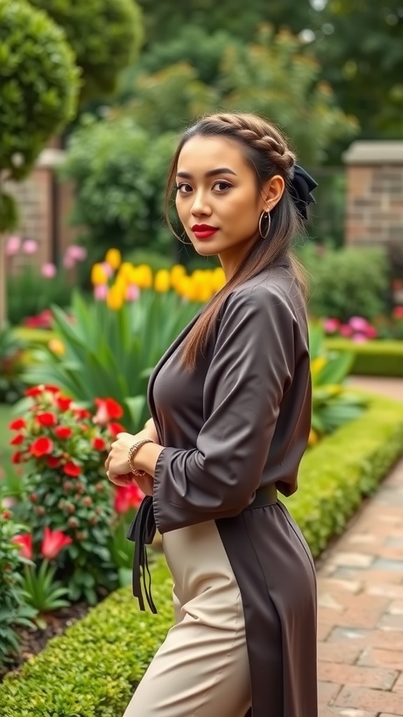 A woman wearing a half-up braided crown hairstyle, dressed stylishly in a garden setting.