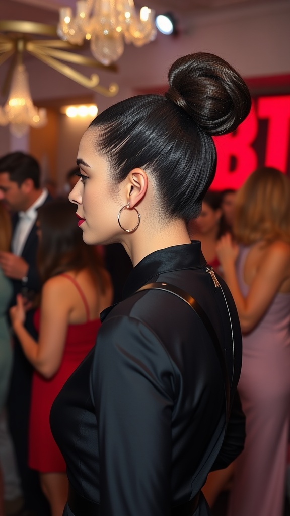 A woman with a high sleek ponytail wearing elegant attire at a social event.