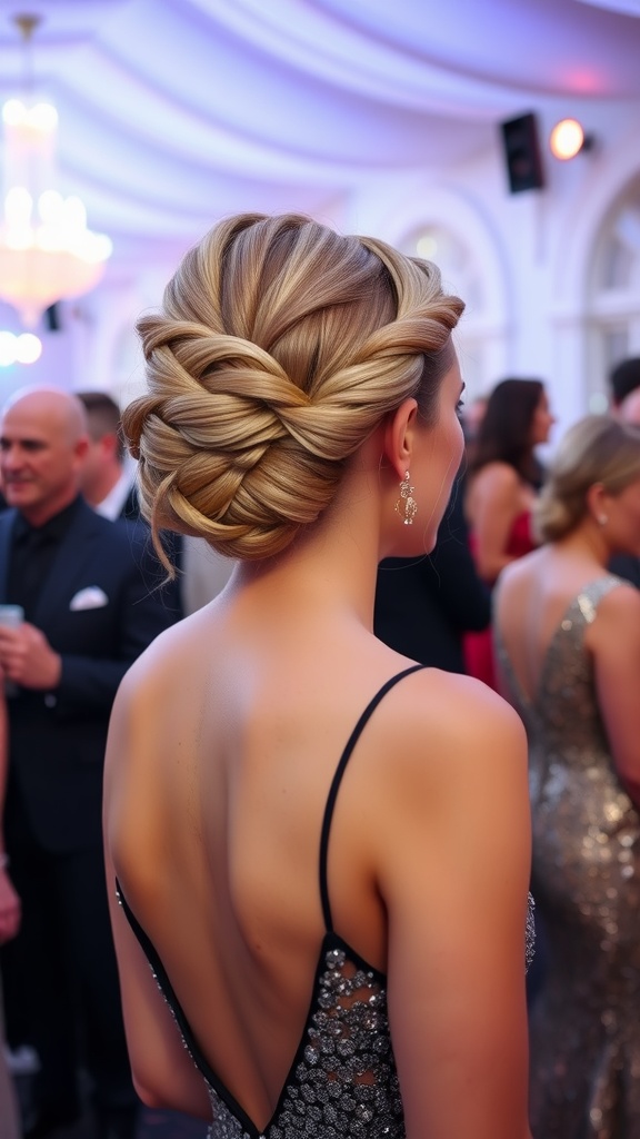 A woman with a braided updo hairstyle, wearing a sparkling dress, at a formal event.