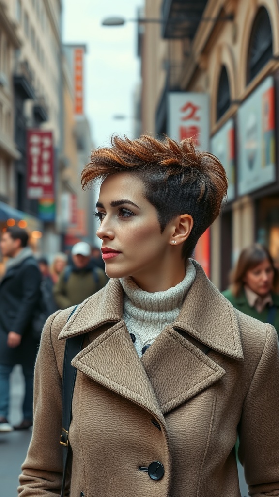 Woman with a stylish layered curly pixie cut, wearing a cozy coat in an urban setting