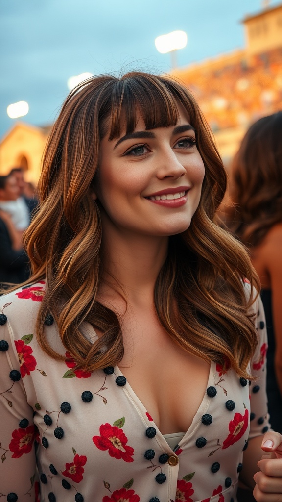A woman with layered waves and bangs, wearing a floral dress, smiling at a social event.