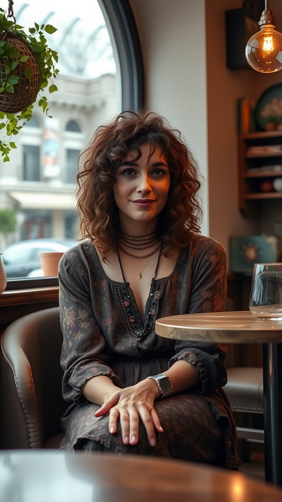 A woman with long curly shag hair sitting at a cafe