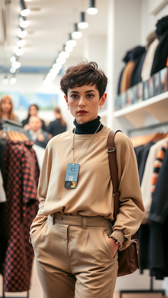 A woman with a longer curly pixie haircut, dressed in a beige outfit, standing confidently in a clothing store.