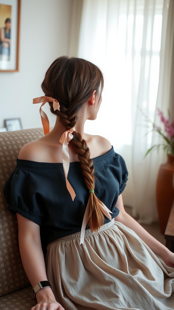 Woman with a loose braid decorated with silk ribbons sitting on a couch.