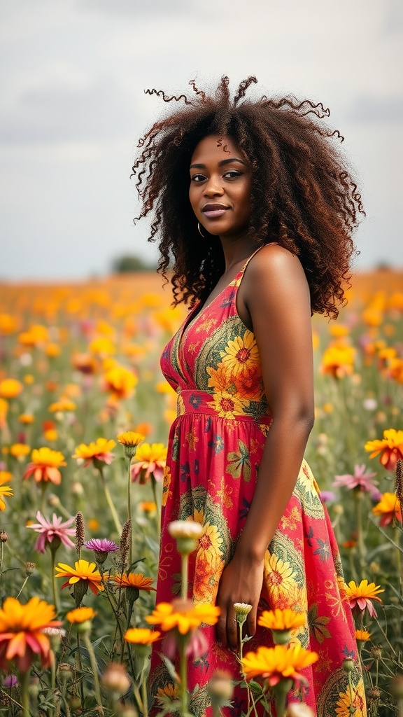A woman with voluminous brown sugar curls posing in a field of flowers, wearing a colorful floral dress.