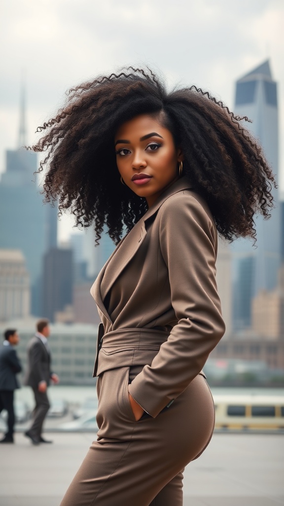 A stylish woman with luxurious curly hair wearing a brown suit in an urban setting.