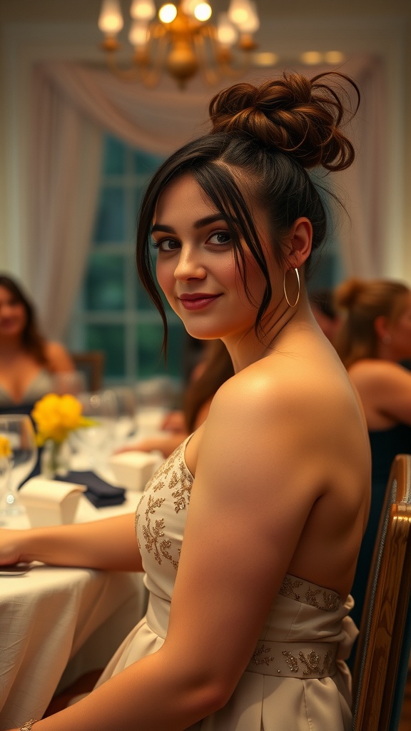 A woman in a stylish messy bun hairstyle with face-framing strands, sitting at a beautifully set table.