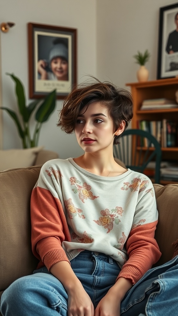A woman with a messy curly pixie hairstyle, wearing a floral sweater and jeans, sitting comfortably on a couch.
