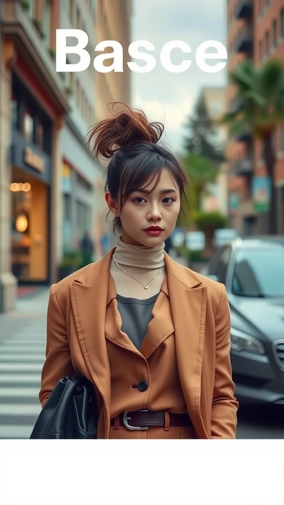 A stylish woman with a messy French twist hairstyle, dressed in full clothes, standing on a city street.
