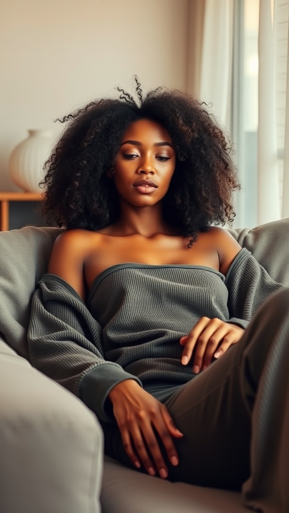 A woman with natural brown sugar textured hair sitting comfortably on a couch.