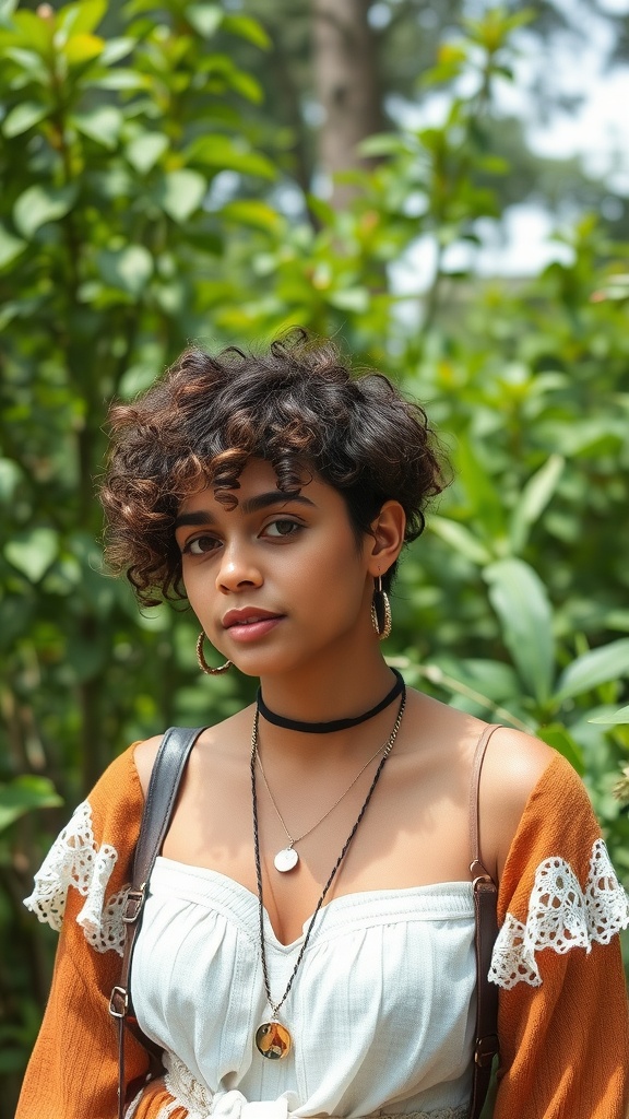 A woman with a natural curly pixie hairstyle, wearing a stylish outfit and standing among green foliage.