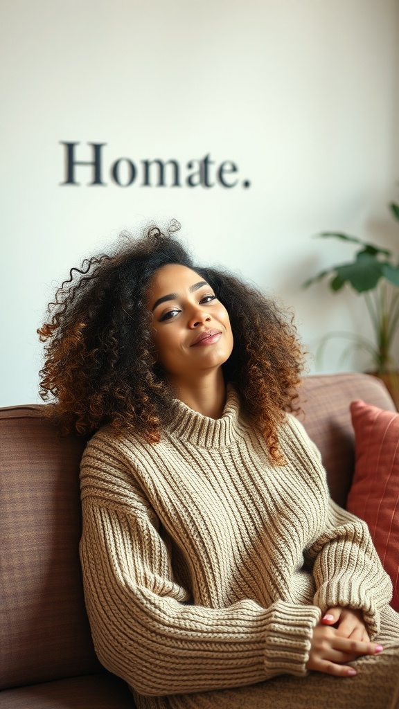 A woman with curly hair wearing a cozy sweater, sitting comfortably on a couch.