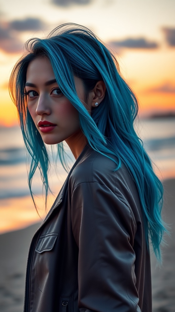 A woman with ocean blue underlights in her hair, wearing a leather jacket against a sunset background.