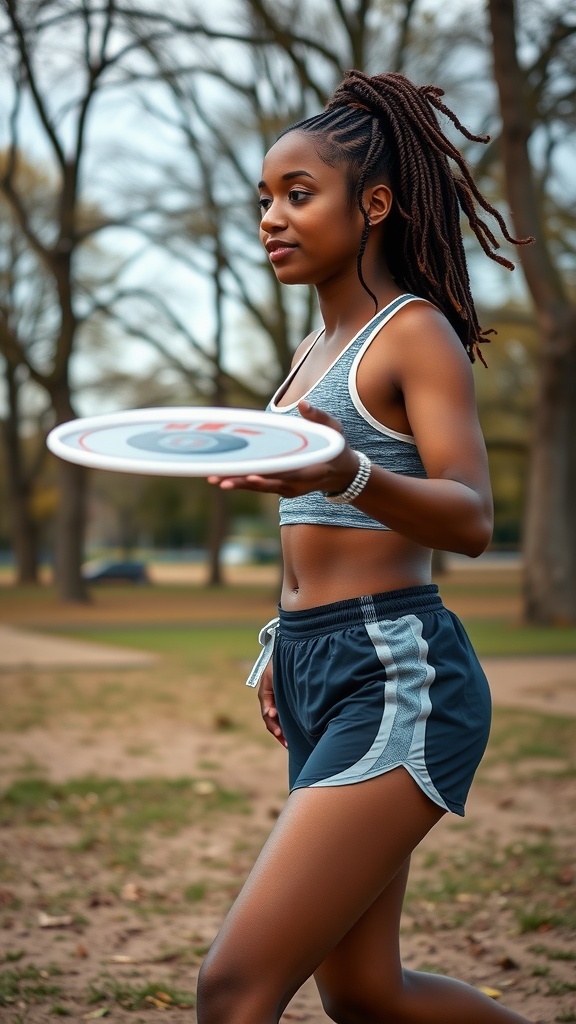 A woman wearing sporty clothes holding a frisbee, showcasing playful brown sugar braids.