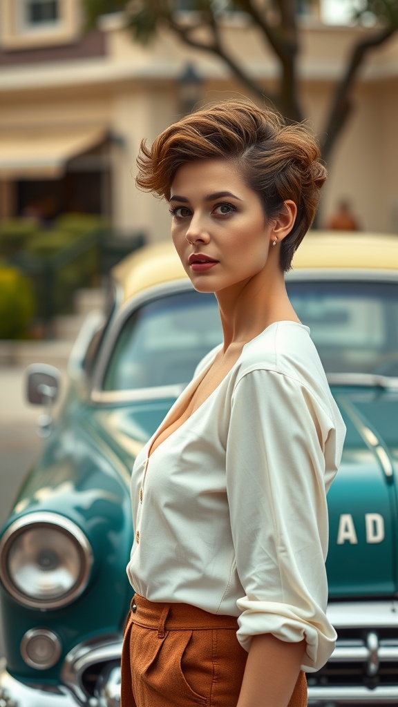 A woman with a retro-inspired curly pixie hairstyle, wearing a stylish outfit and posing in front of a classic car.