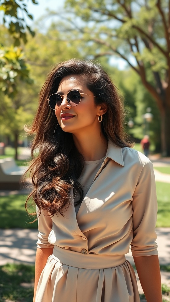 A woman with rich brown sugar waves, wearing a stylish outfit and sunglasses, standing in a park.