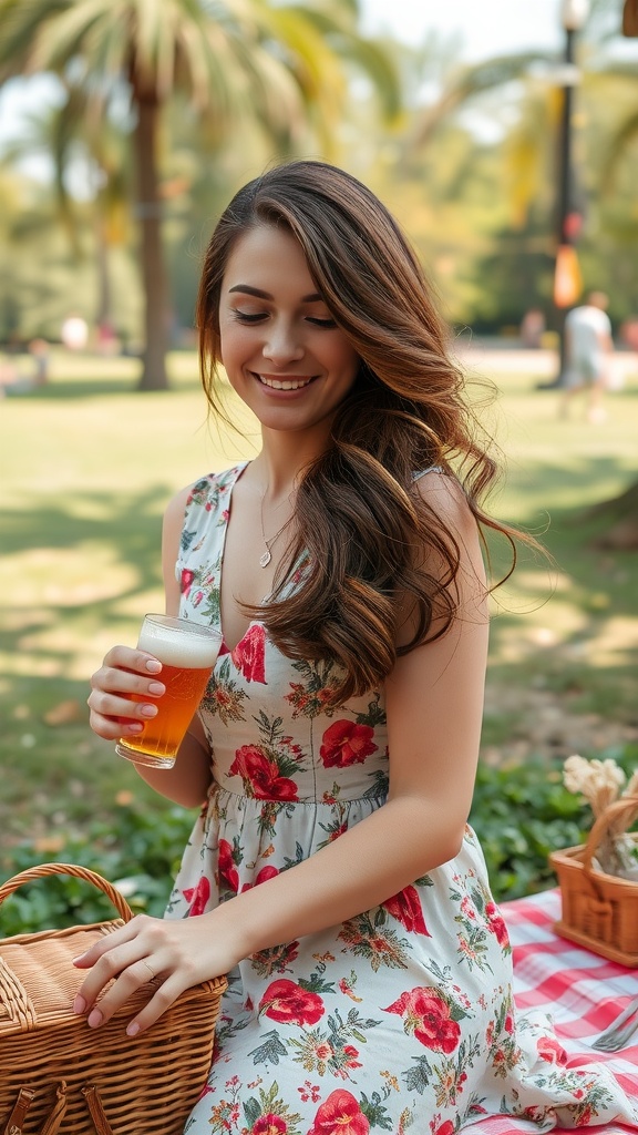 A woman enjoying a picnic with loose brown sugar waves and a floral dress.