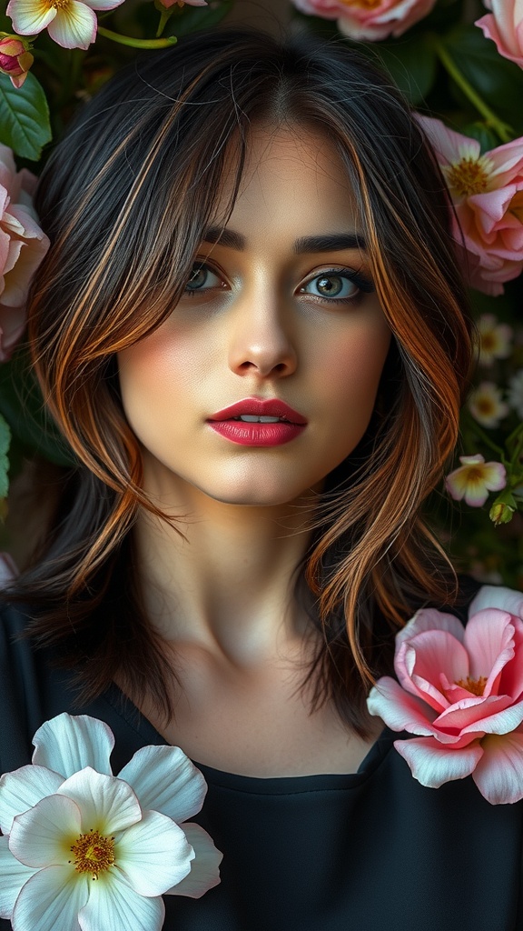 A woman with rose gold peekaboo hair color, surrounded by flowers.