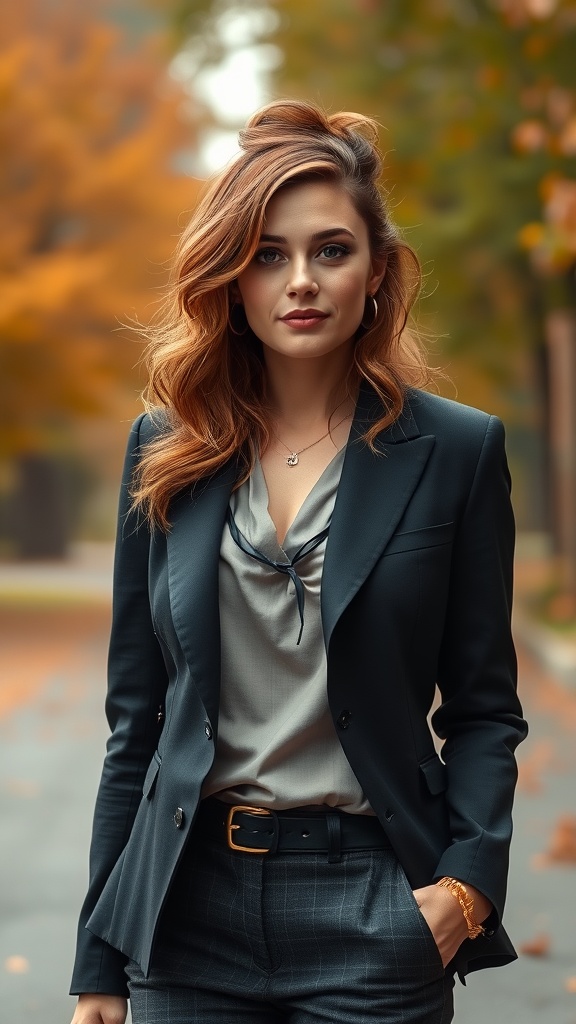 A woman in a blazer and blouse with rusty copper peekaboo highlights, standing outdoors.