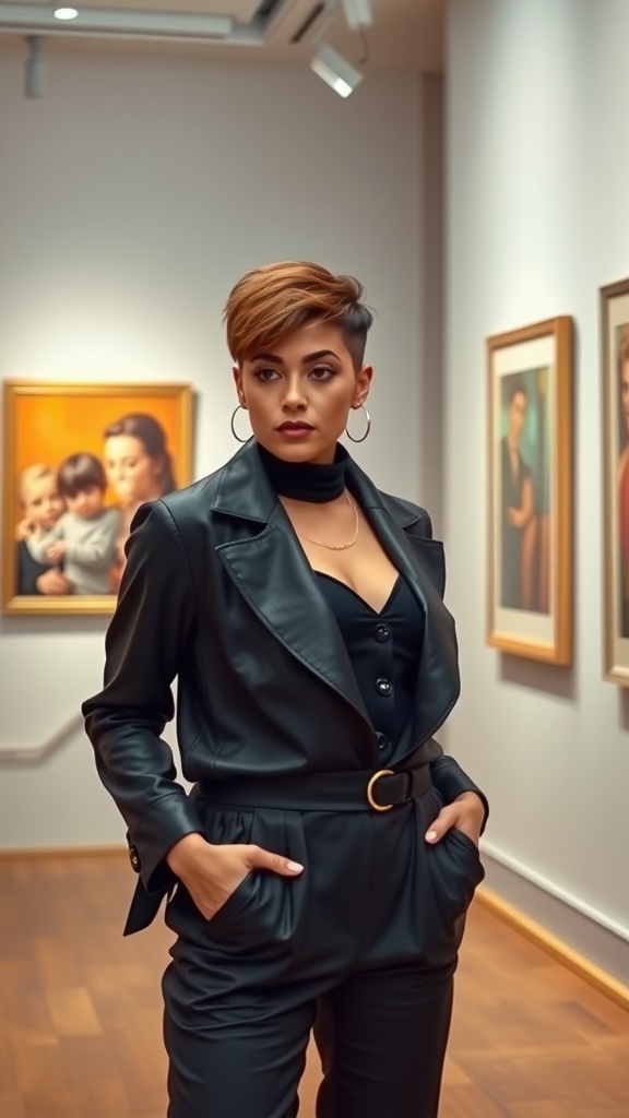 A stylish woman with a brown sugar pixie cut, wearing a chic black outfit, posing confidently in an art gallery.