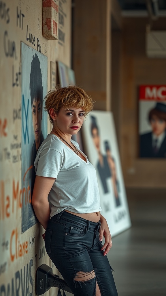 A woman with a shaggy curly pixie haircut wearing a casual white t-shirt and black ripped jeans, leaning against a wall with artwork.