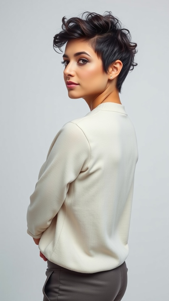 Woman with a defined short curly pixie hairstyle, wearing a cream top and dark pants, looking back with a confident expression.
